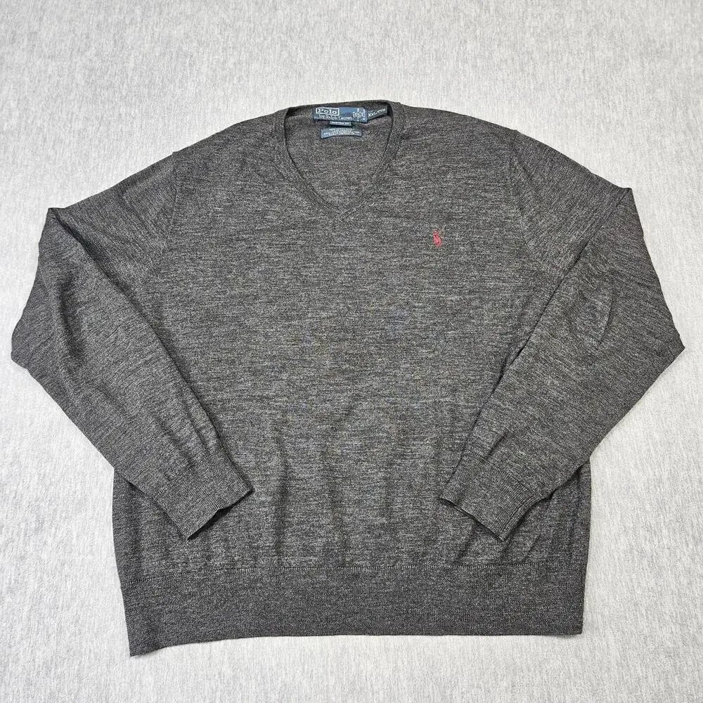 Polo Ralph Lauren Sweater Mens 2XL Gray Merino Wool V-Neck Embroidered Pony